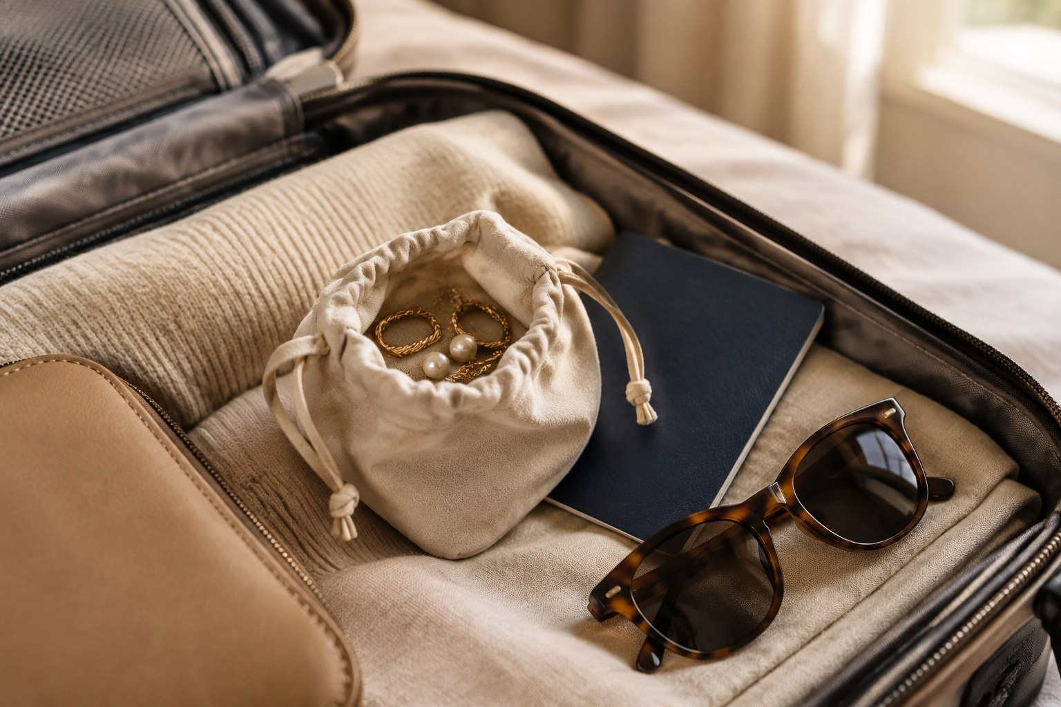 Illustration: a jewellery pouch in a carry-on bag beside a passport