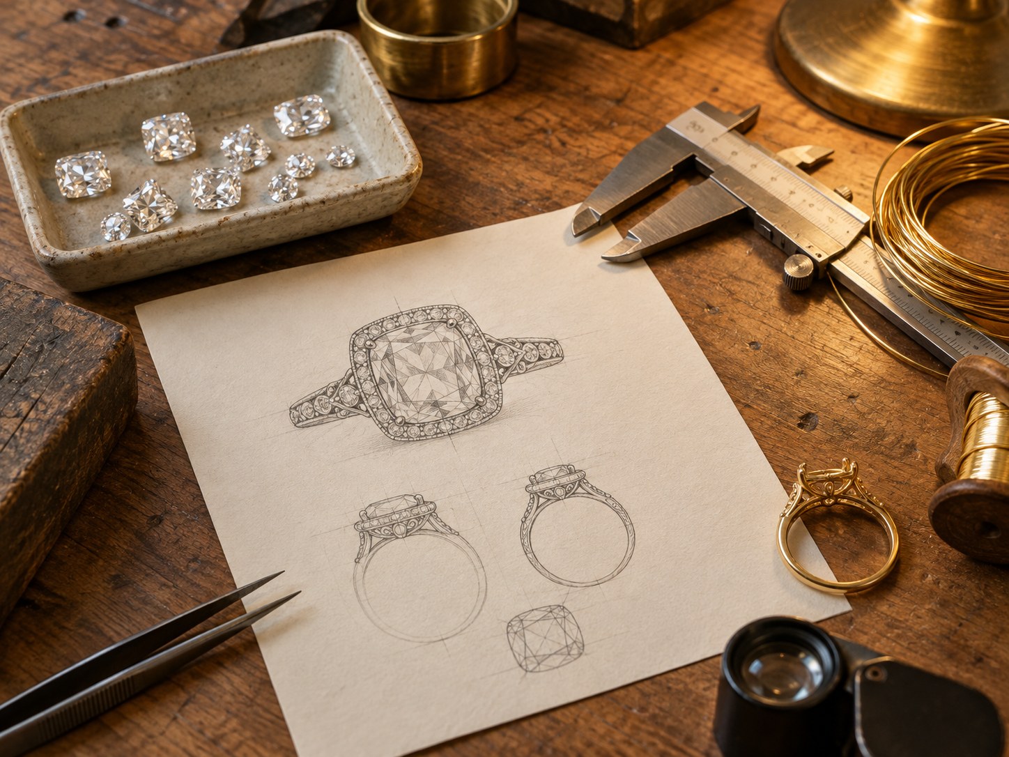 A ring designer workbench with a vintage ring sketch and loose lab-grown diamonds, AI-generated illustration