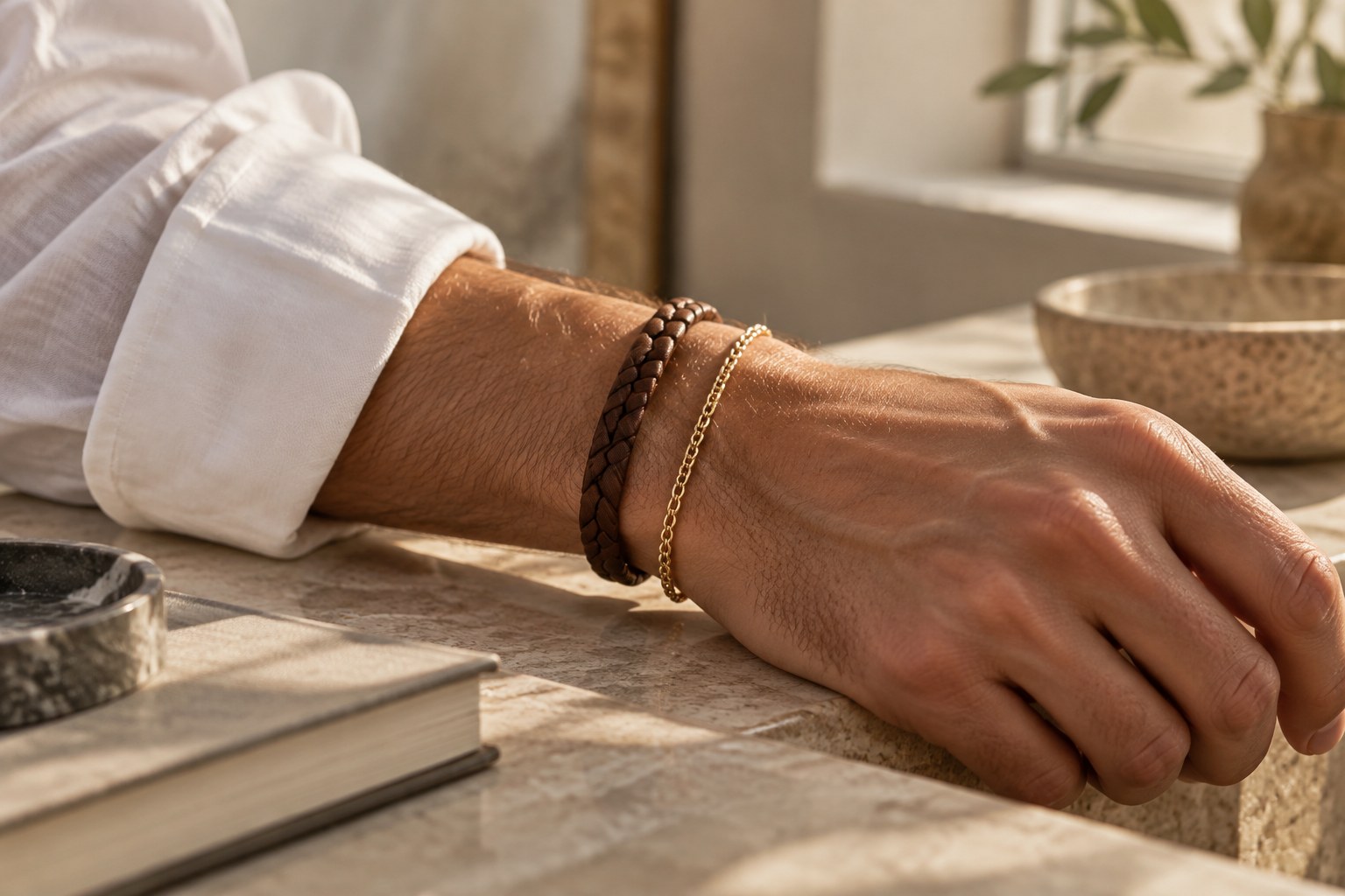 A man's wrist with a braided leather bracelet and slim gold chain bracelet