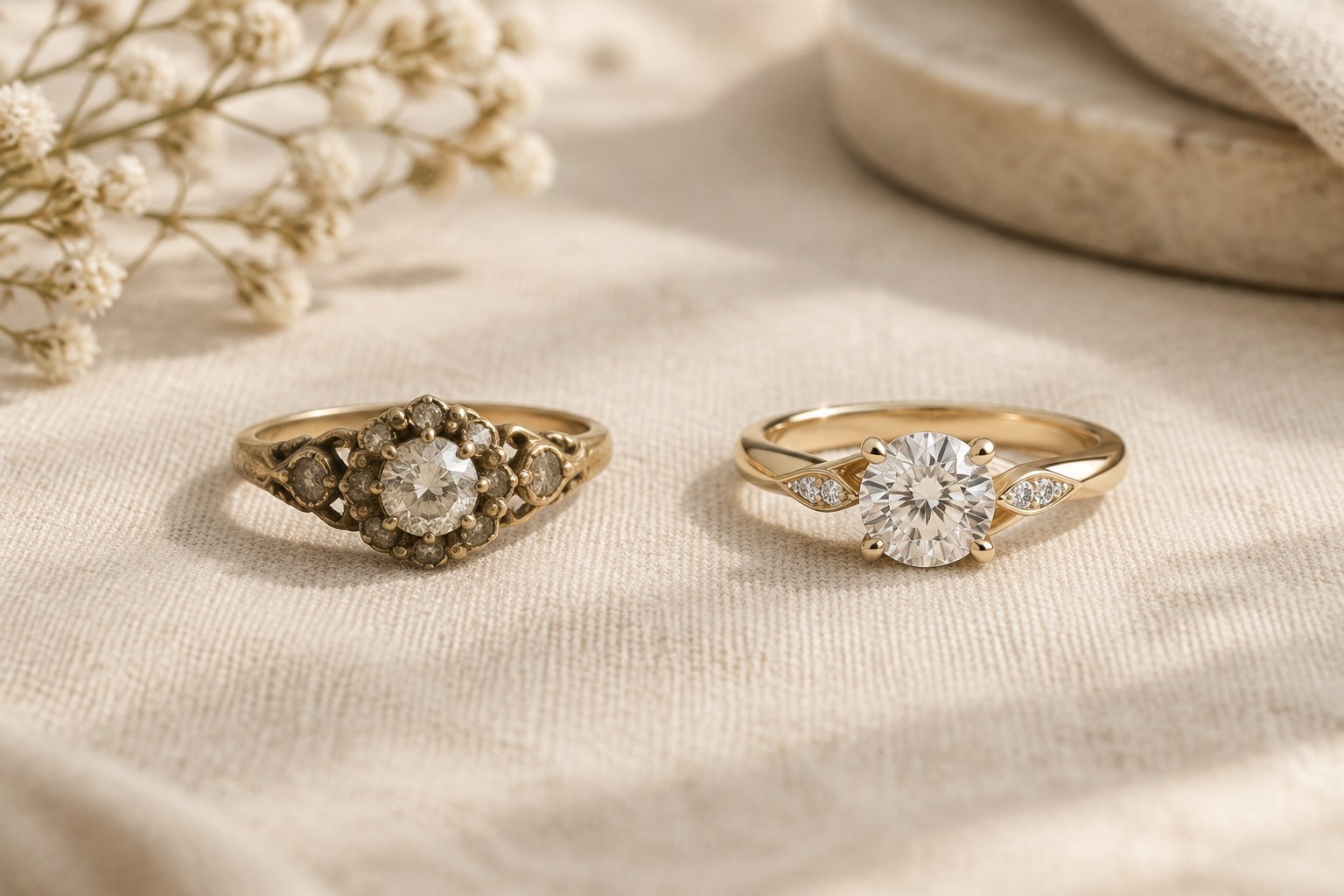 Illustration: an old-fashioned ring beside its modern redesigned version on cream linen