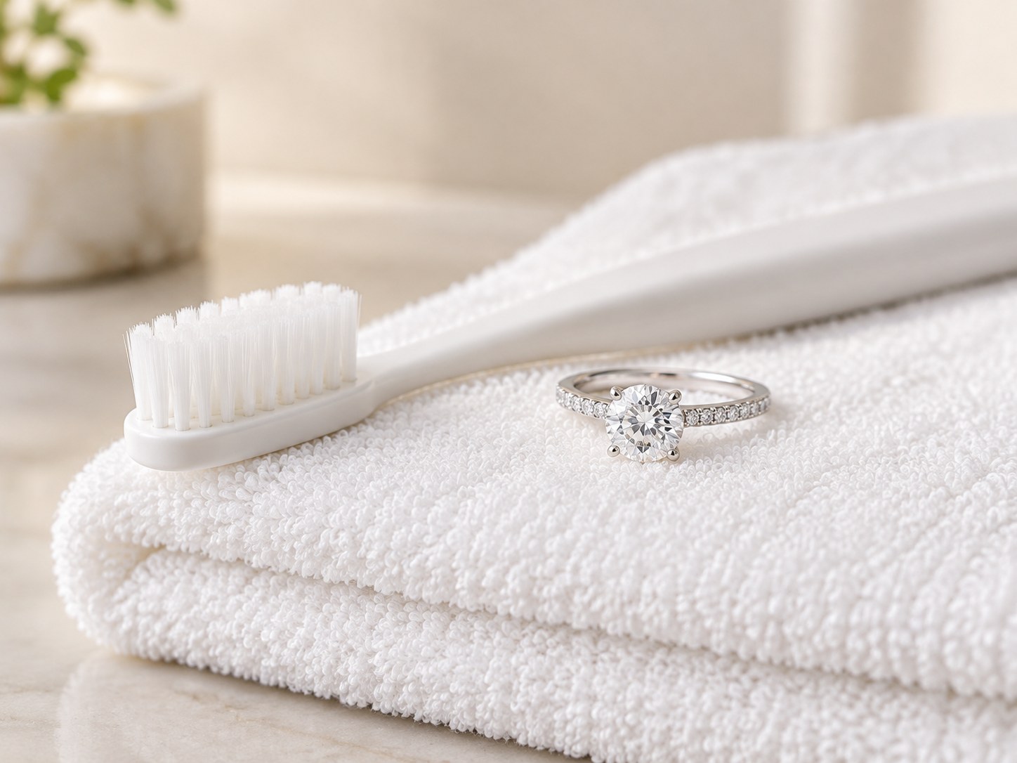 AI illustration of a soft toothbrush beside a diamond ring on a white towel.