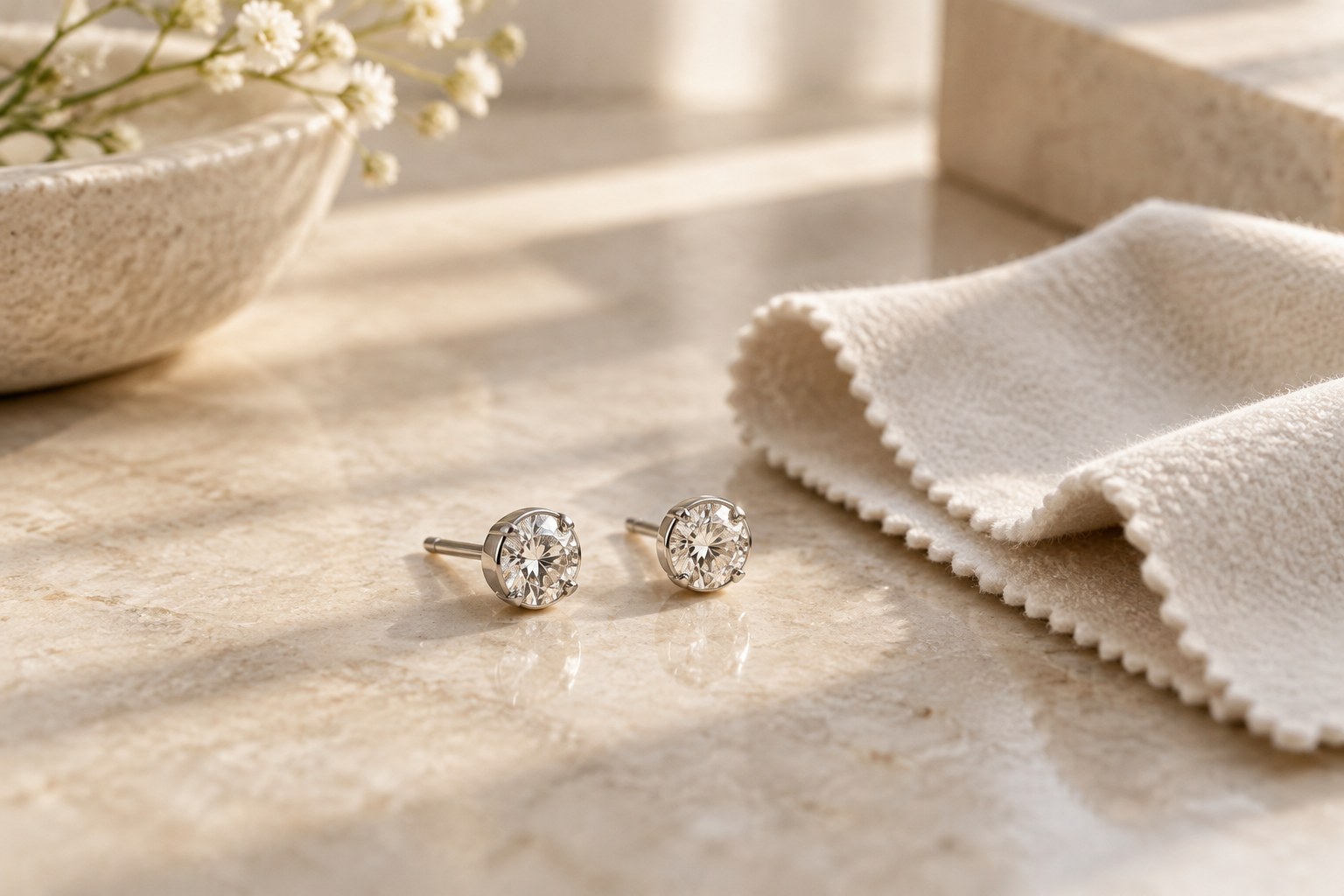 Minimalist platinum stud earrings beside a polishing cloth