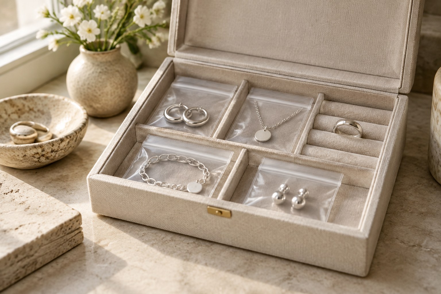Silver pieces stored in sealed pouches inside a lined jewellery box