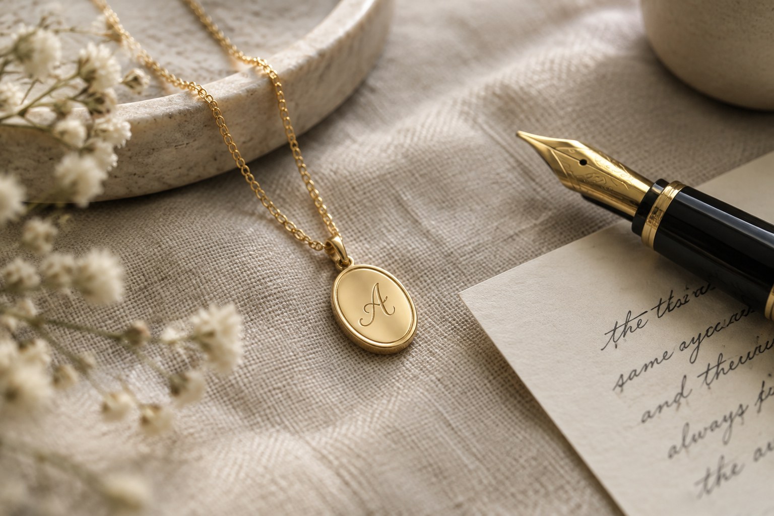 Illustration: a gold pendant with a small engraved initial beside a handwritten note