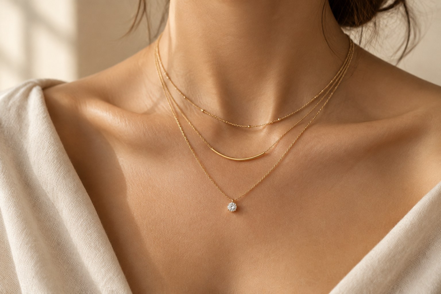 AI illustration of layered gold necklaces with a diamond pendant