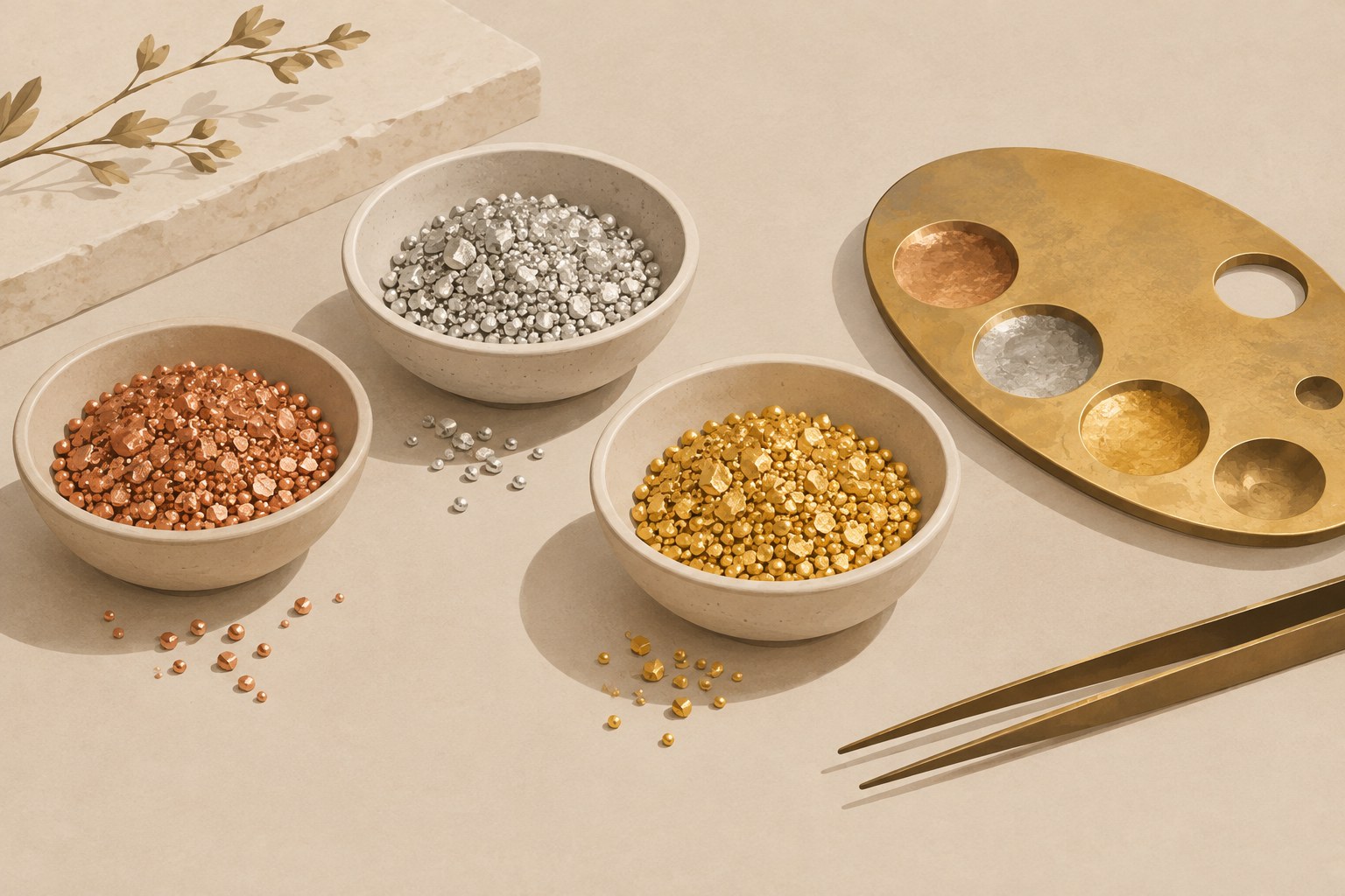 Illustration: a goldsmith's dishes of copper, silver and gold grains