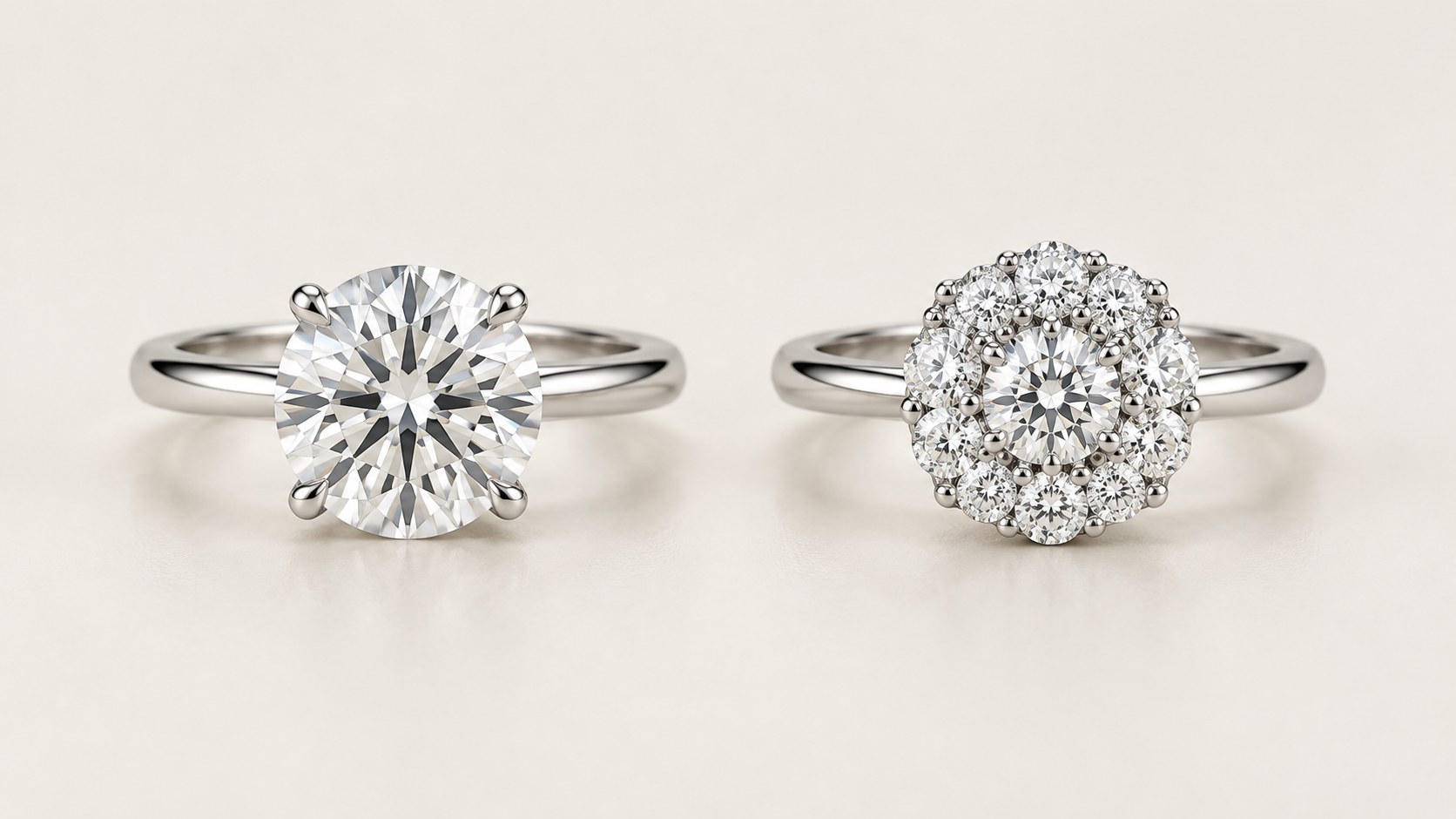 AI-generated illustration comparing a solitaire ring and a cluster ring with the same outline