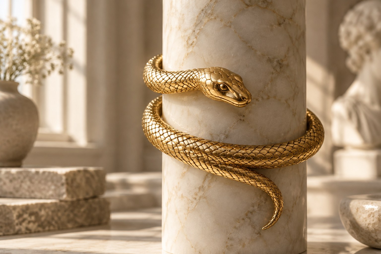 A gold snake bracelet coiled around a marble cylinder