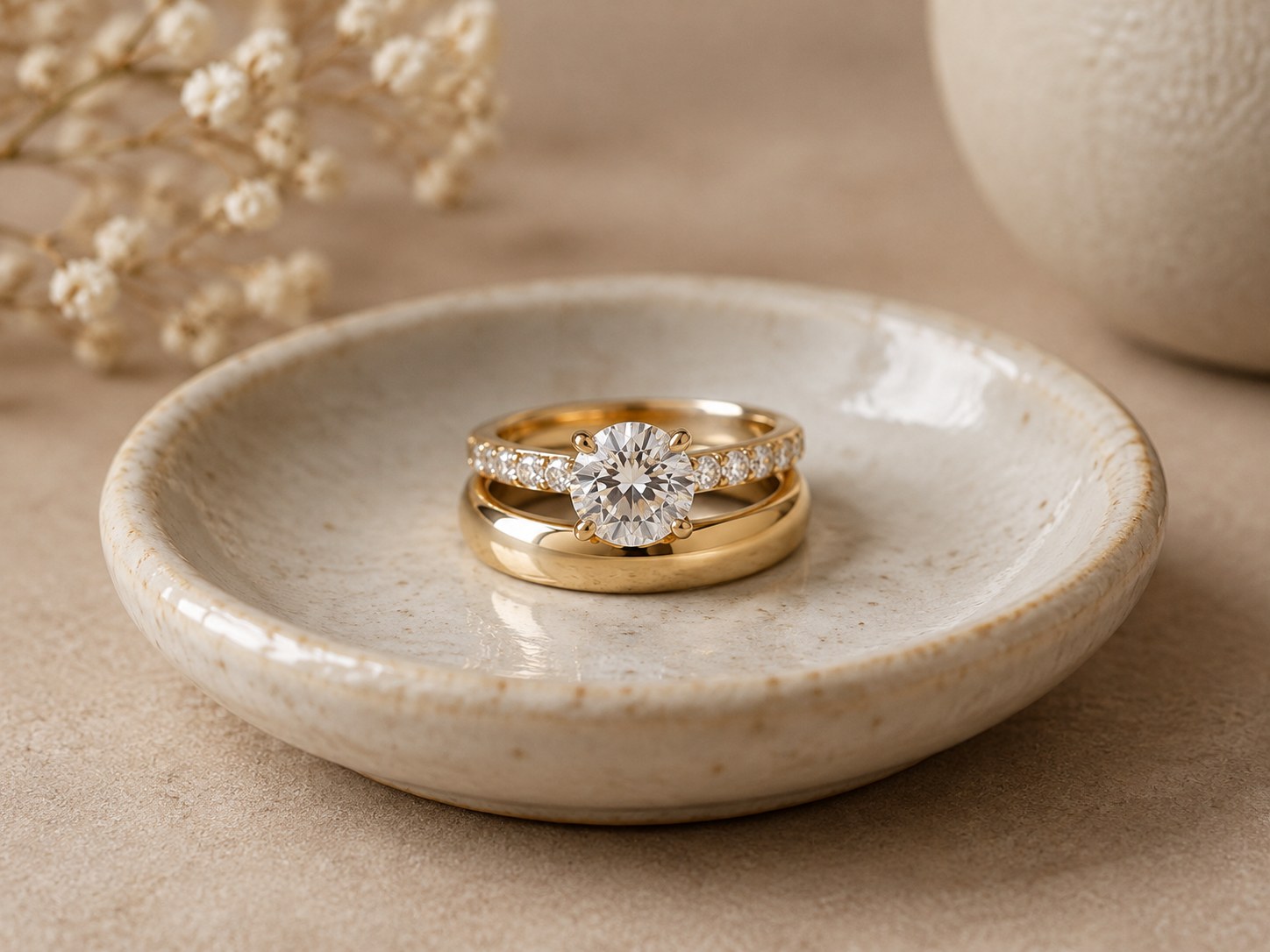 AI illustration of an engagement ring and wedding band stacked on a ring dish.