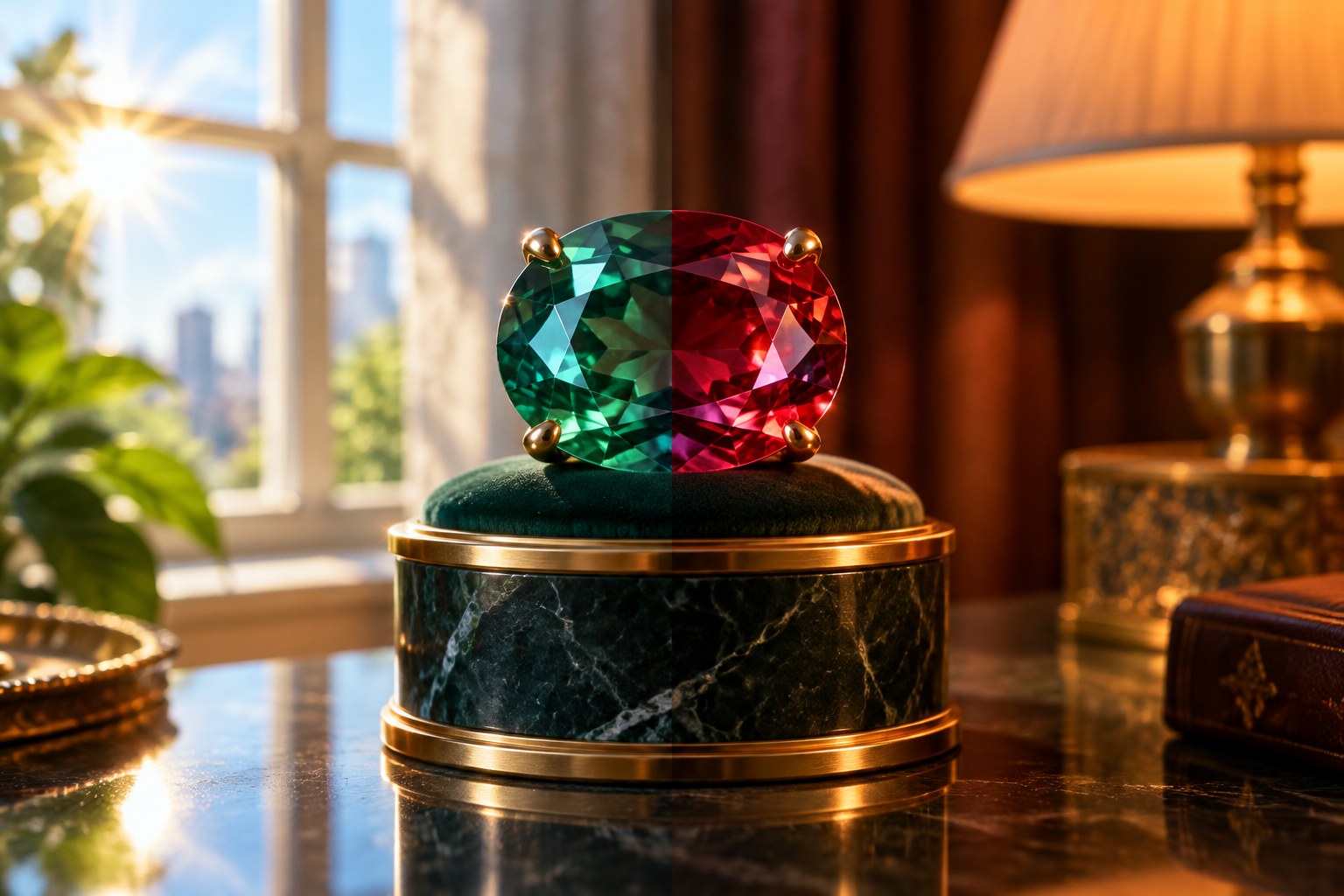 Illustration of an alexandrite gem between window light and lamplight (AI illustration, not a Shewah product)