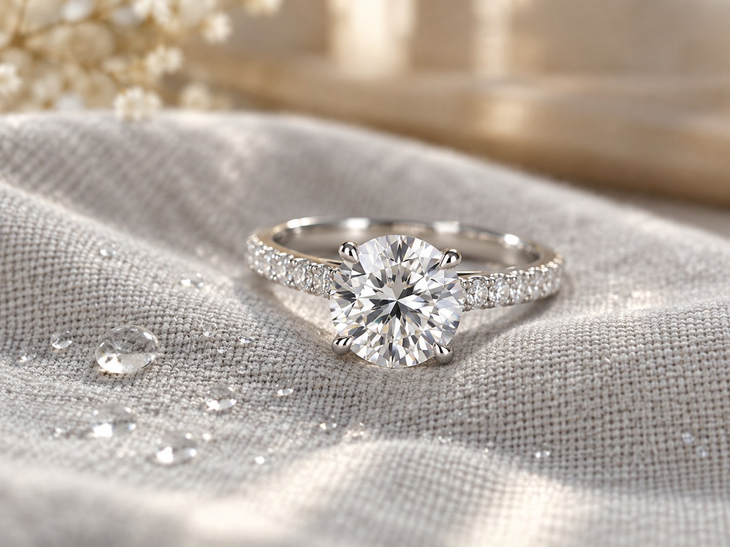 AI macro illustration of a freshly cleaned diamond ring on linen with water droplets.