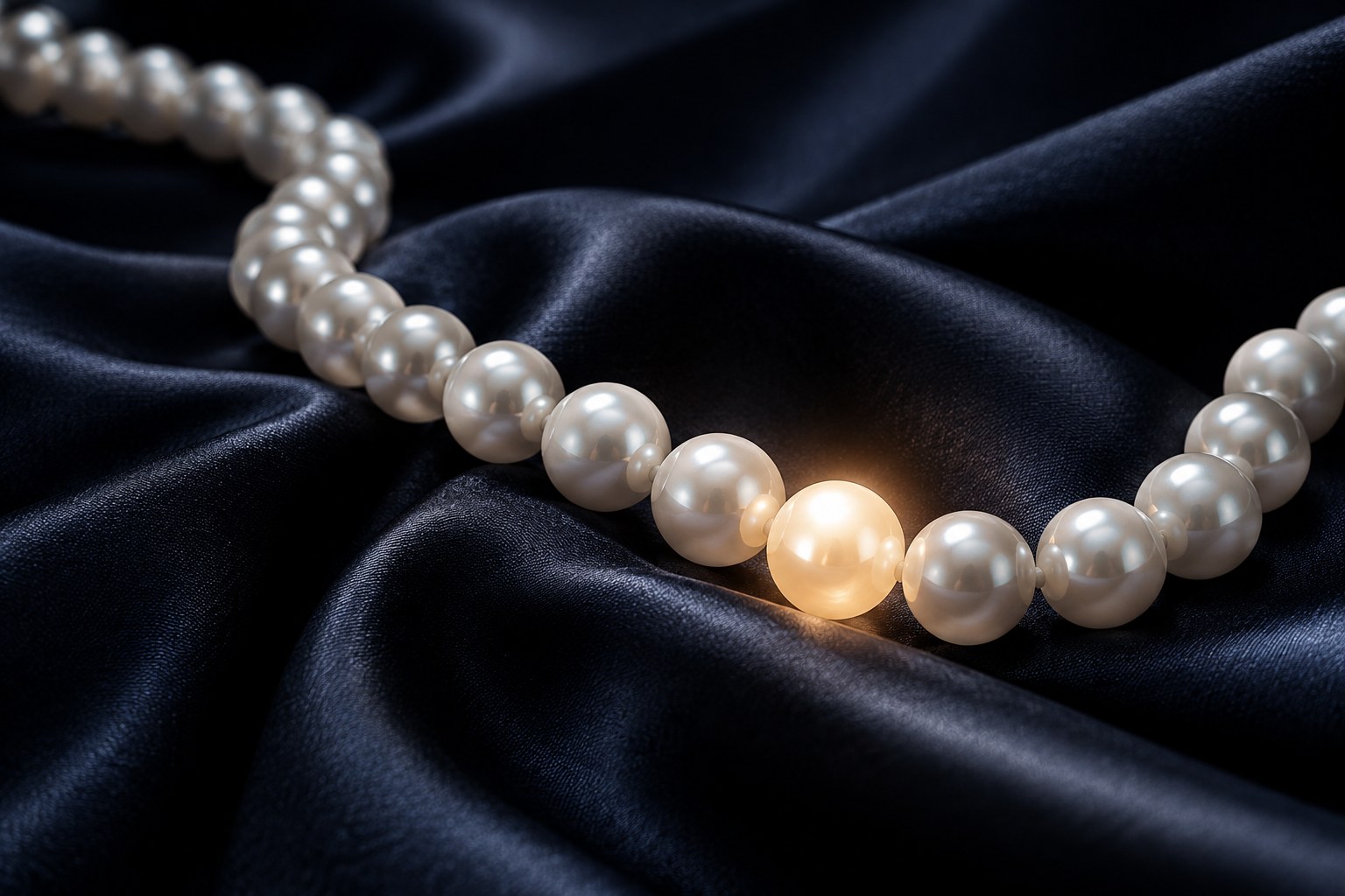Illustration of a white pearl strand on dark silk (AI illustration, not a Shewah product)