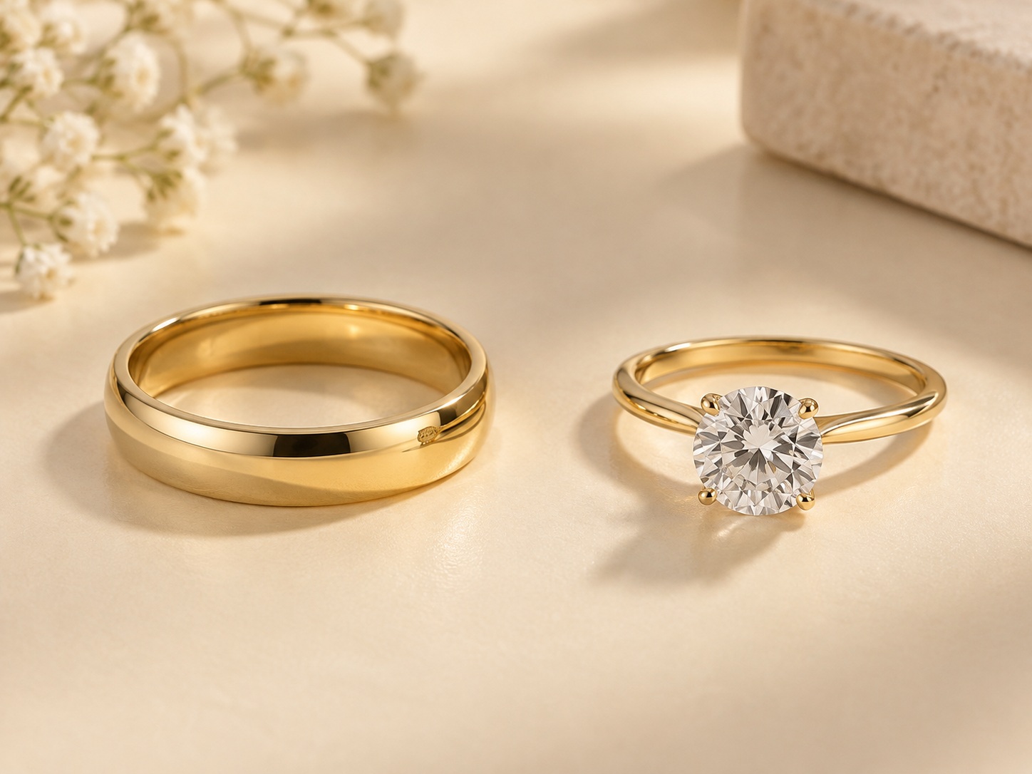 AI illustration of a plain wedding band beside a separate solitaire-style ring.