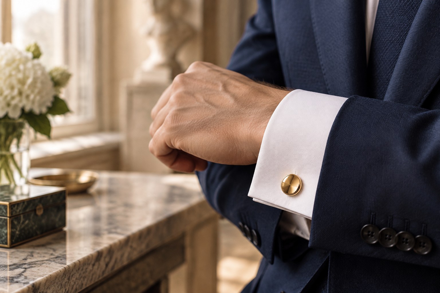 A French cuff fastened with a gold cufflink beneath a navy suit