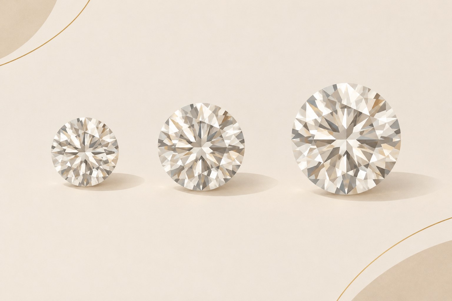 Illustration: three round diamonds of increasing size, one, one and a half, and two carats