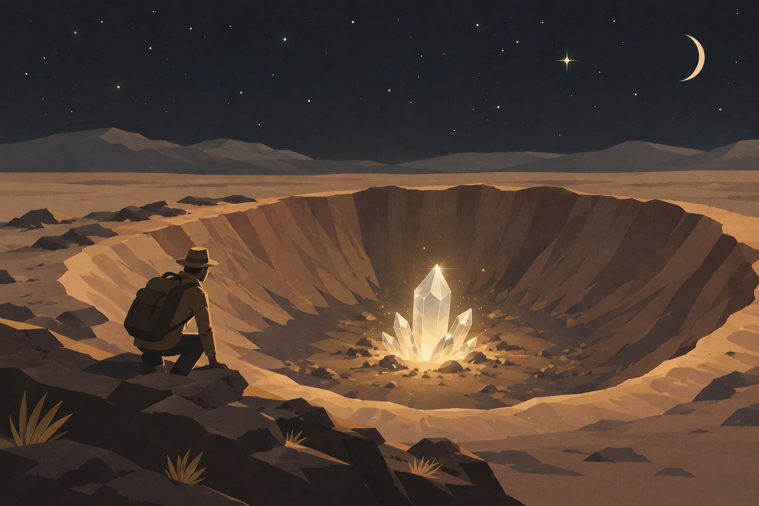 Illustration: a meteor crater with a sparkling crystal at its centre