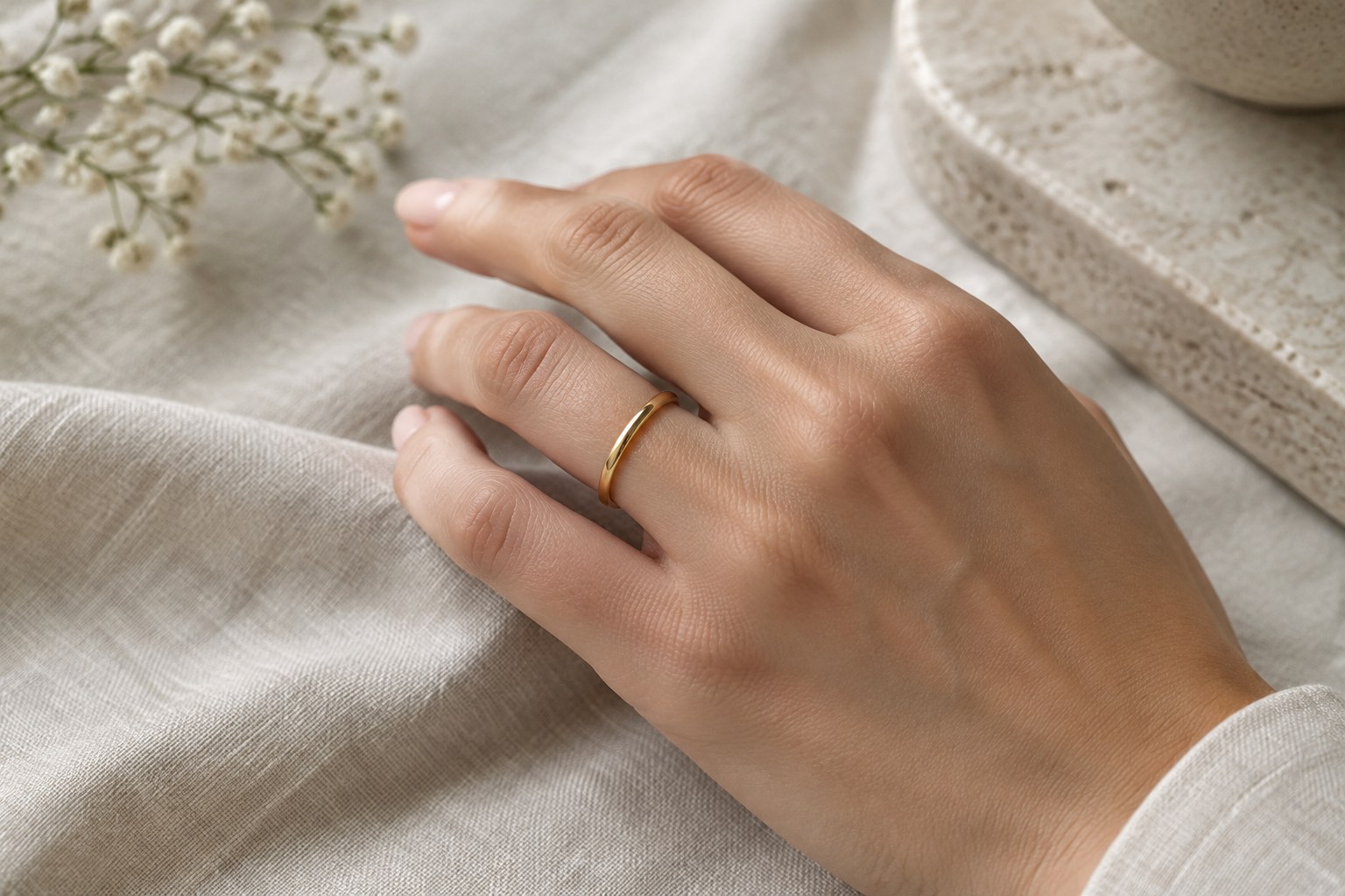 Illustration: a hand wearing one slim gold band