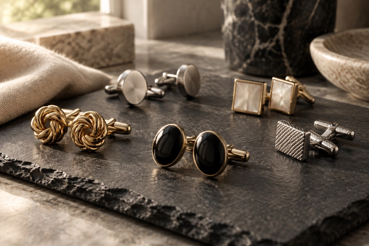 A collection of gold knot, onyx and silver swivel-back cufflinks