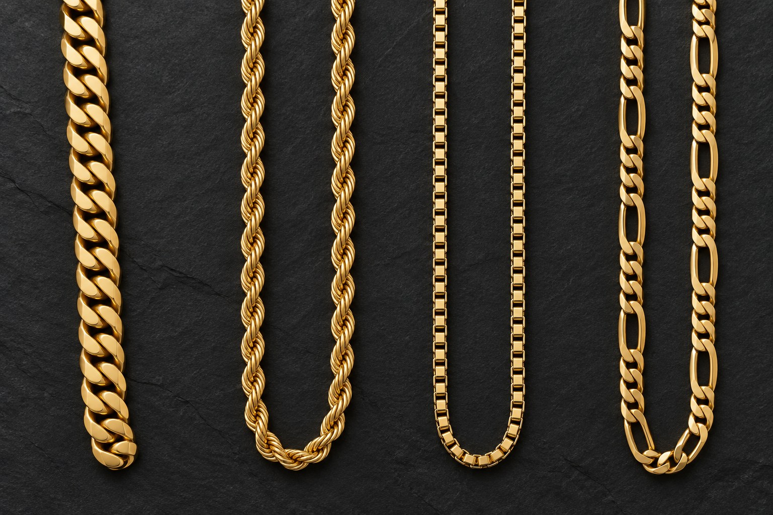 Illustration of men's chain styles on dark slate (AI illustration, not a Shewah product)
