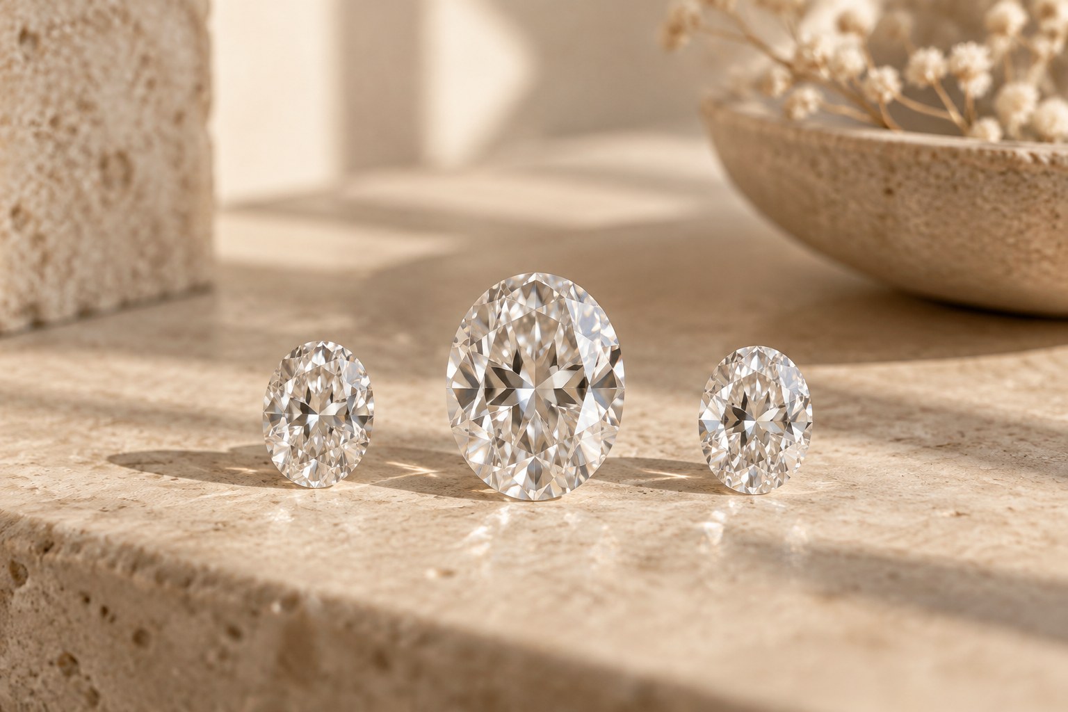 Three loose oval diamonds arranged in a row on beige stone