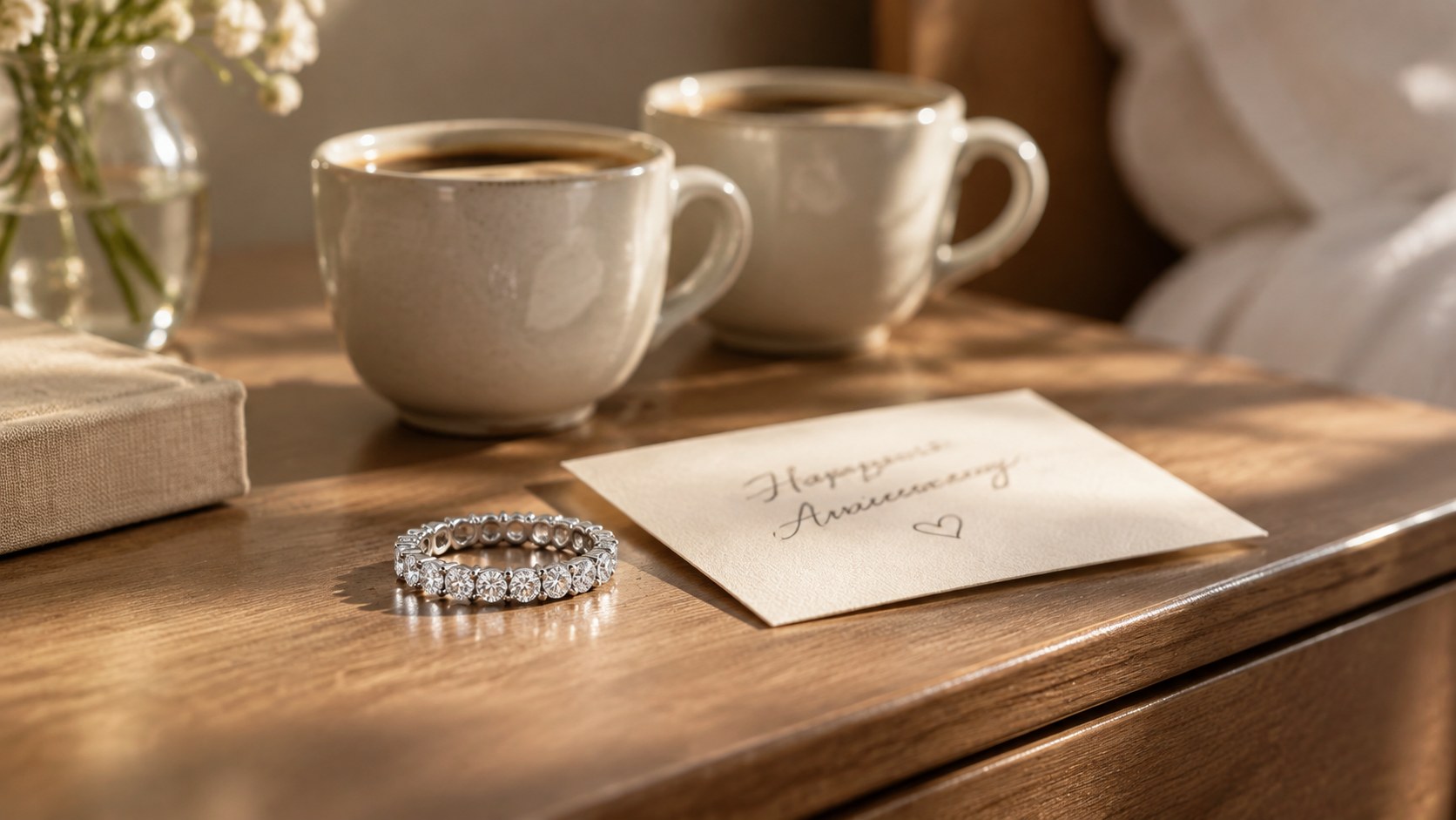 A diamond eternity band beside a handwritten anniversary card