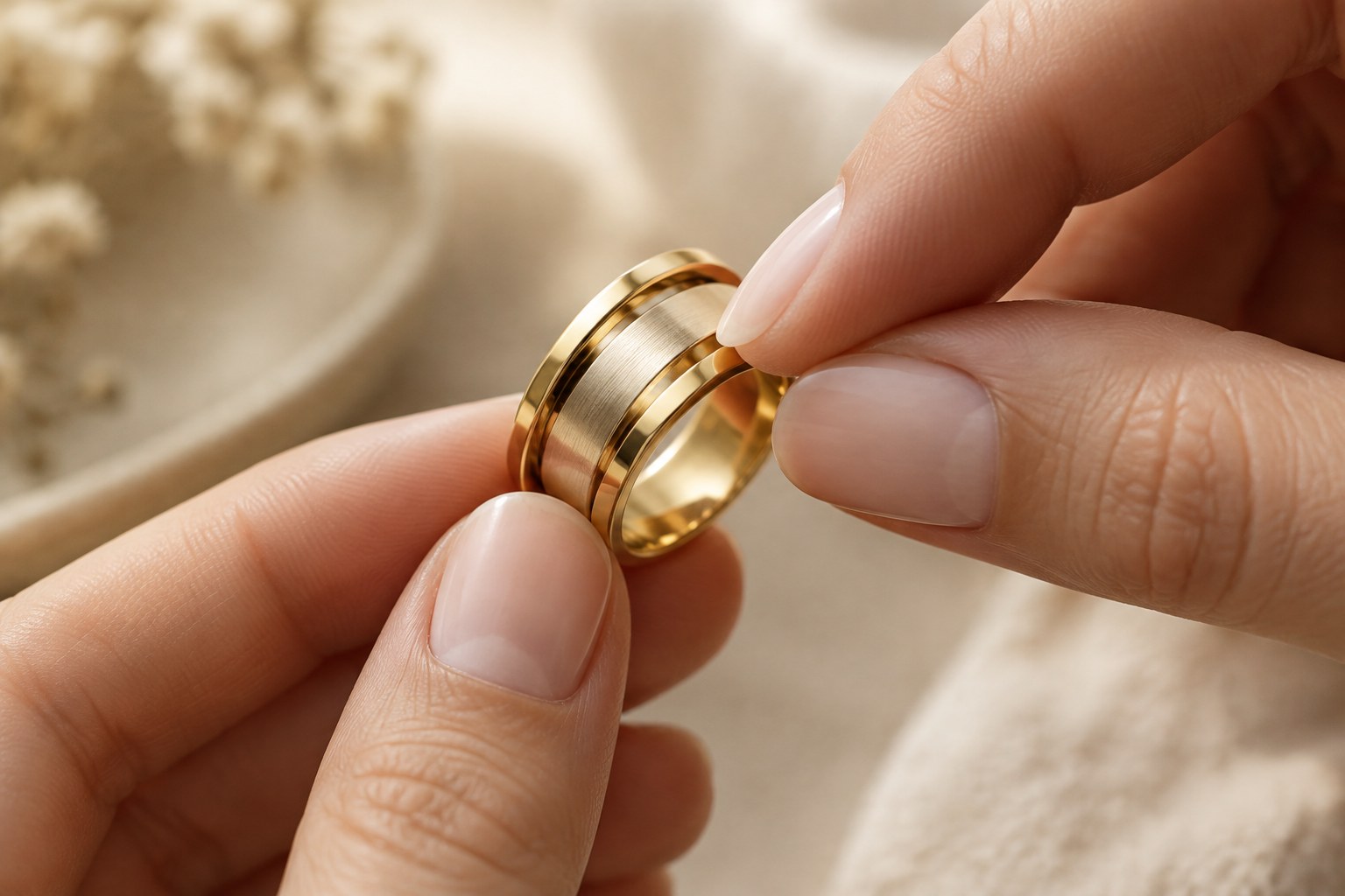 AI illustration of fingers turning the spinning band of a gold ring