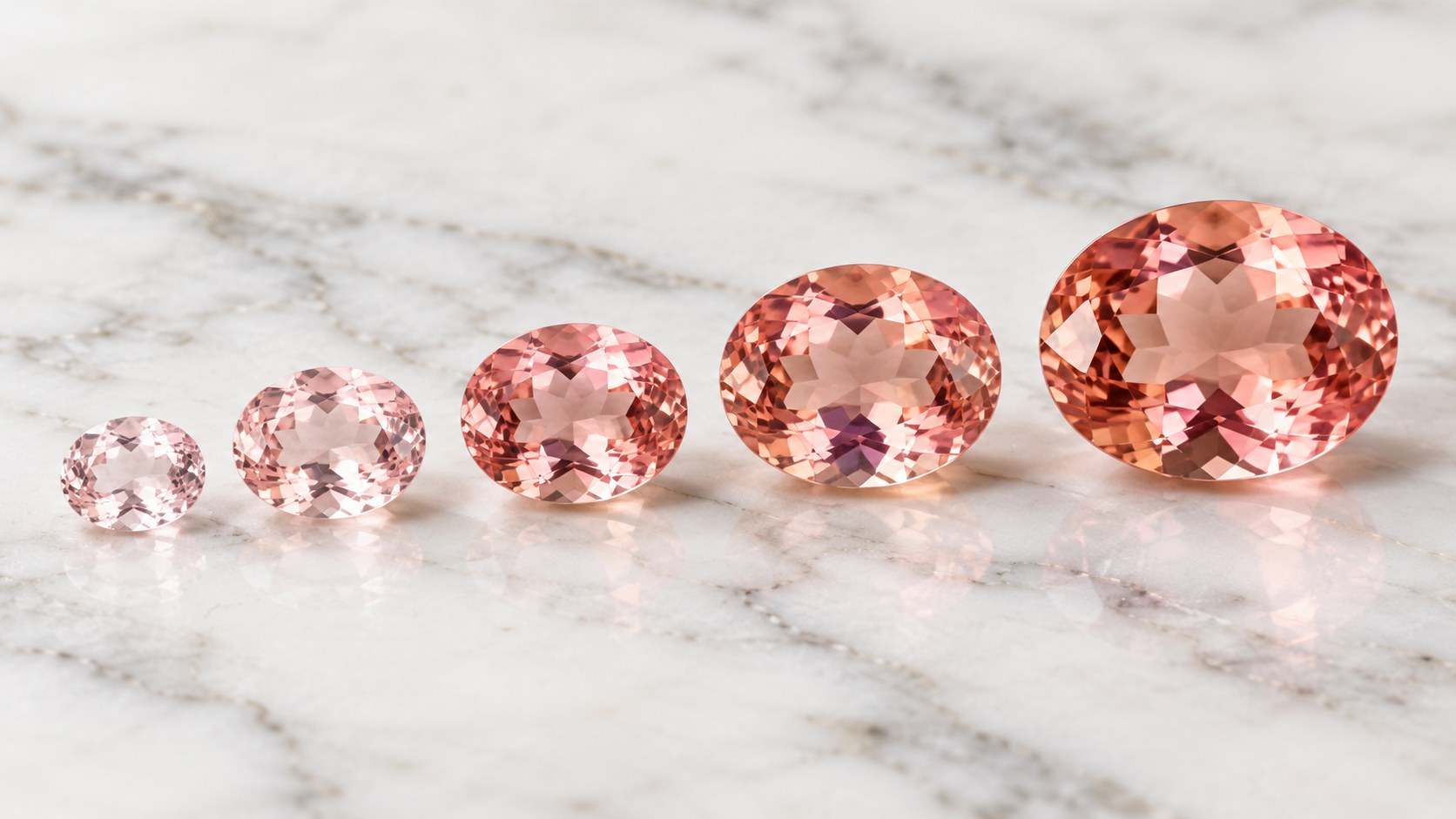 Morganite stones in graduated sizes showing deepening colour