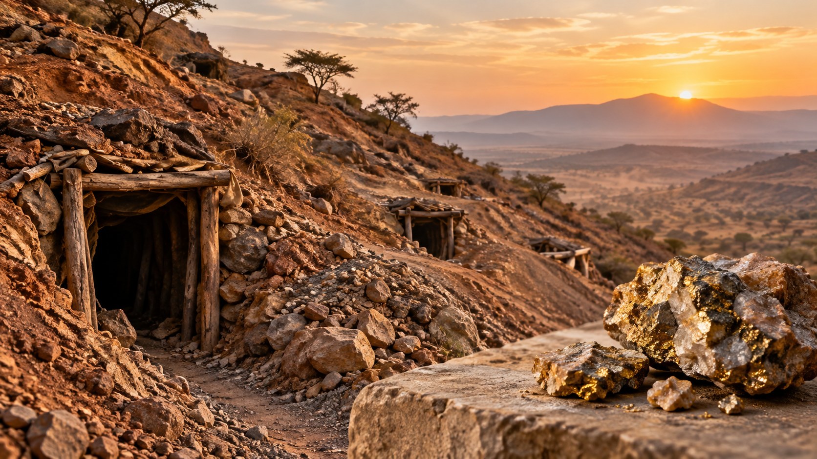An East African mining hillside at dawn
