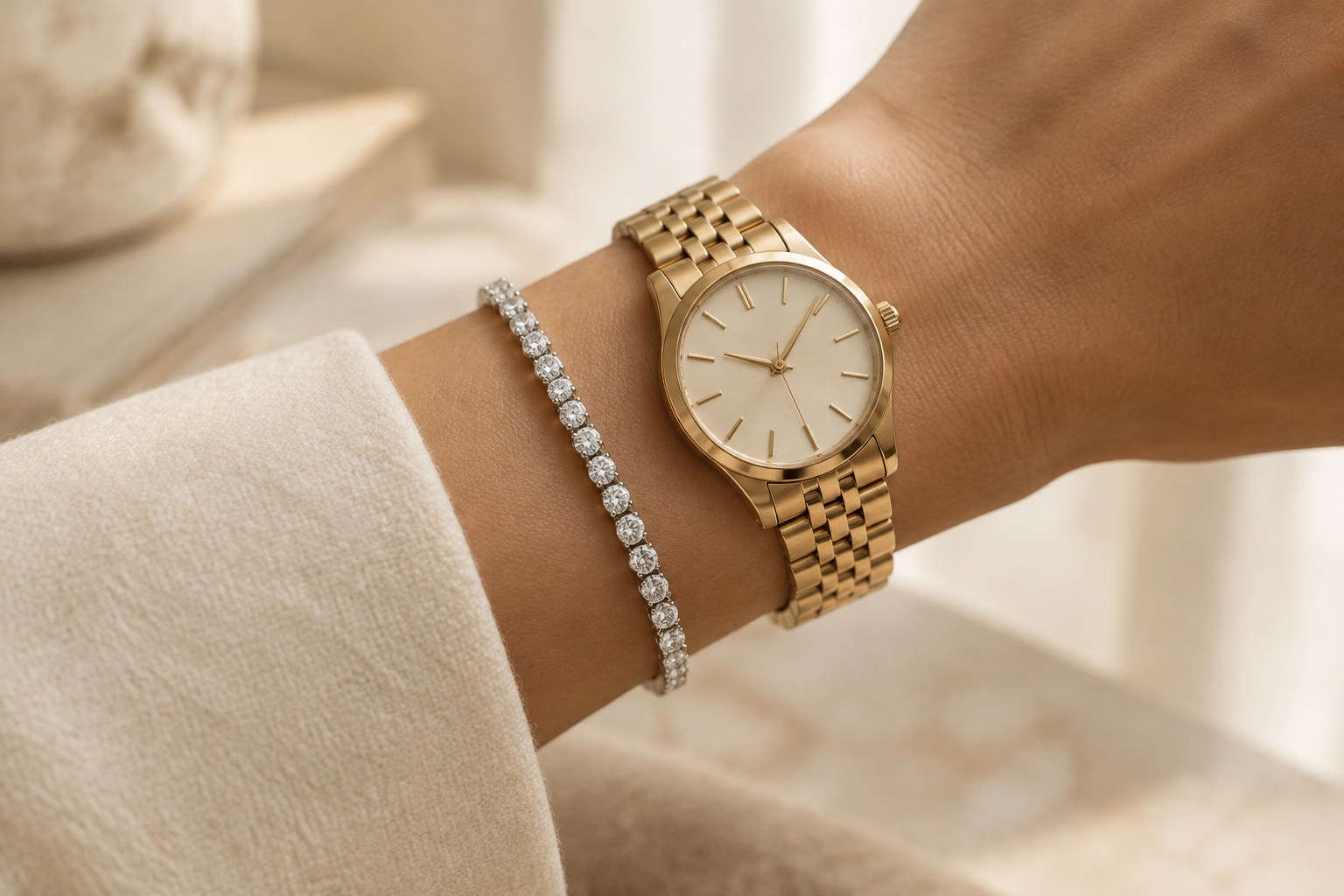 Illustration: a slim diamond tennis bracelet worn on the wrist beside a gold watch
