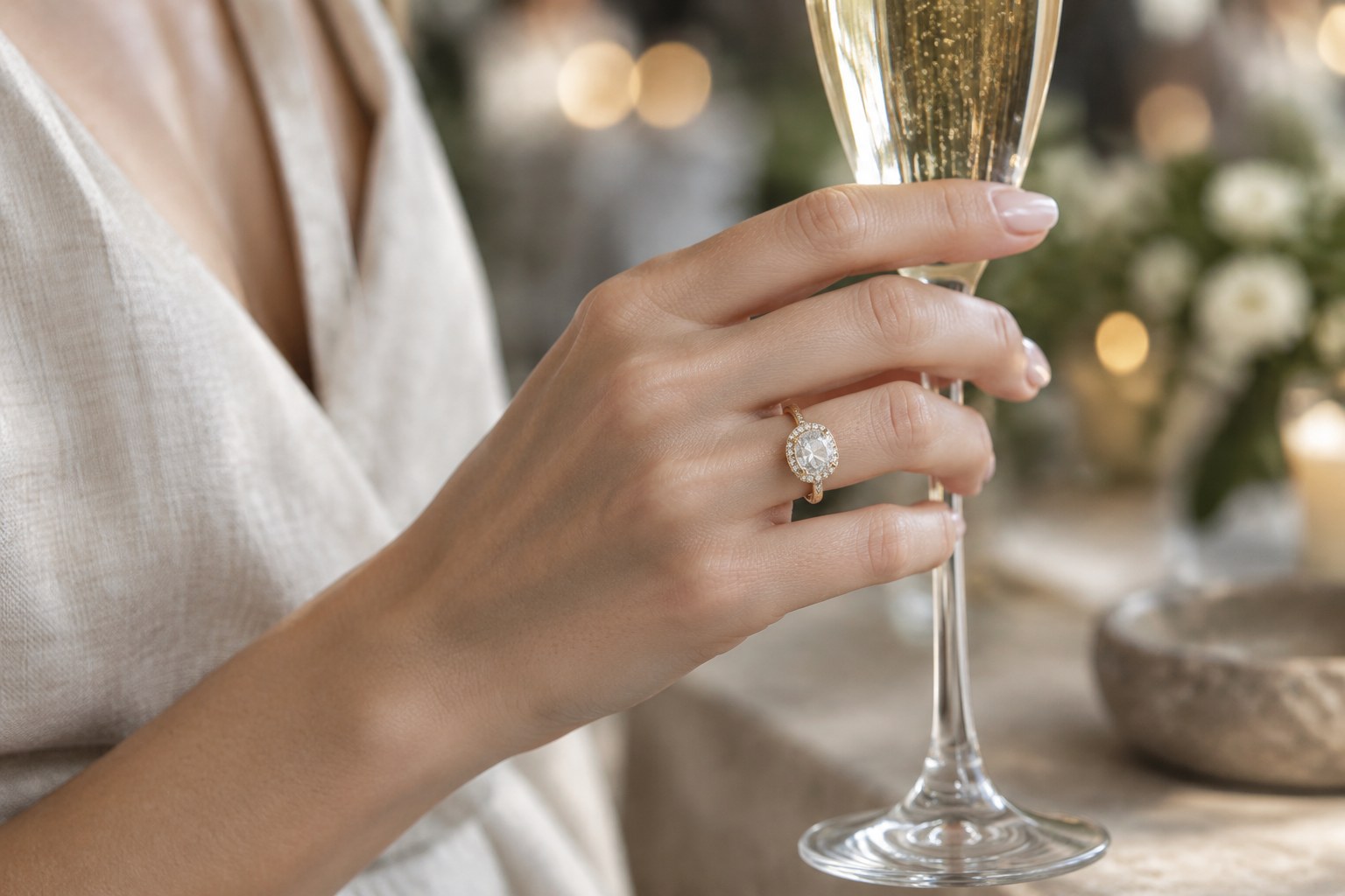 Illustration: a hand wearing one cocktail ring holding a champagne flute