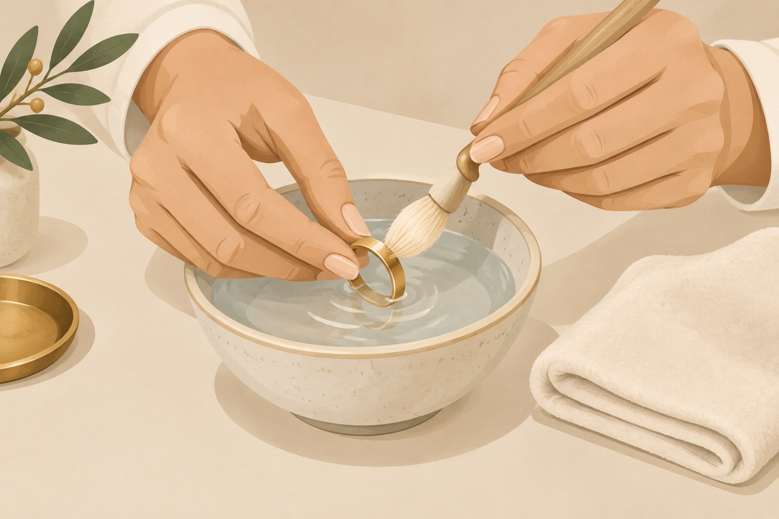 Illustration: gently cleaning a gold ring in a bowl with a soft brush