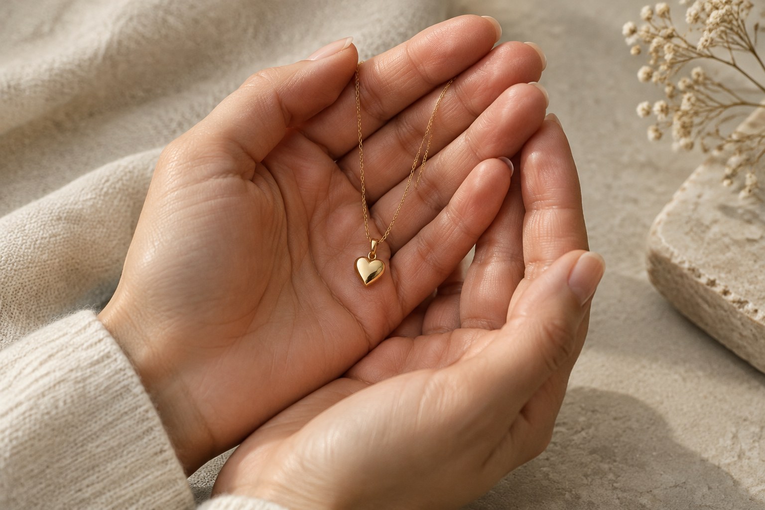 Illustration: a small heart pendant on a fine chain in cupped hands