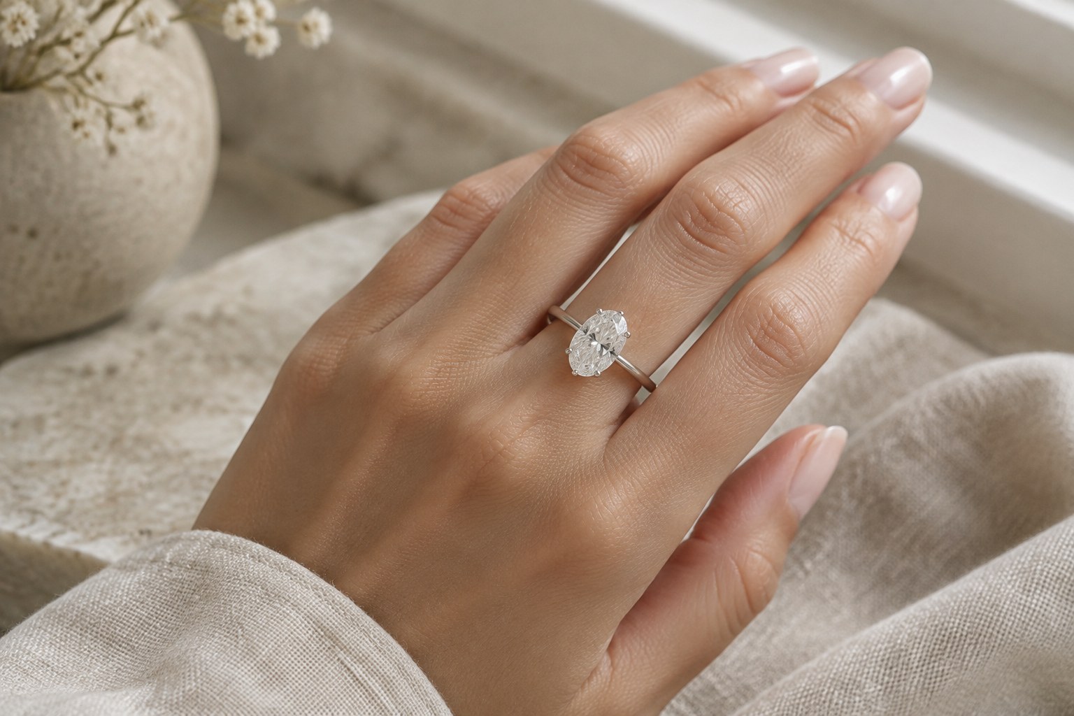 Illustration: an oval diamond solitaire worn on the hand