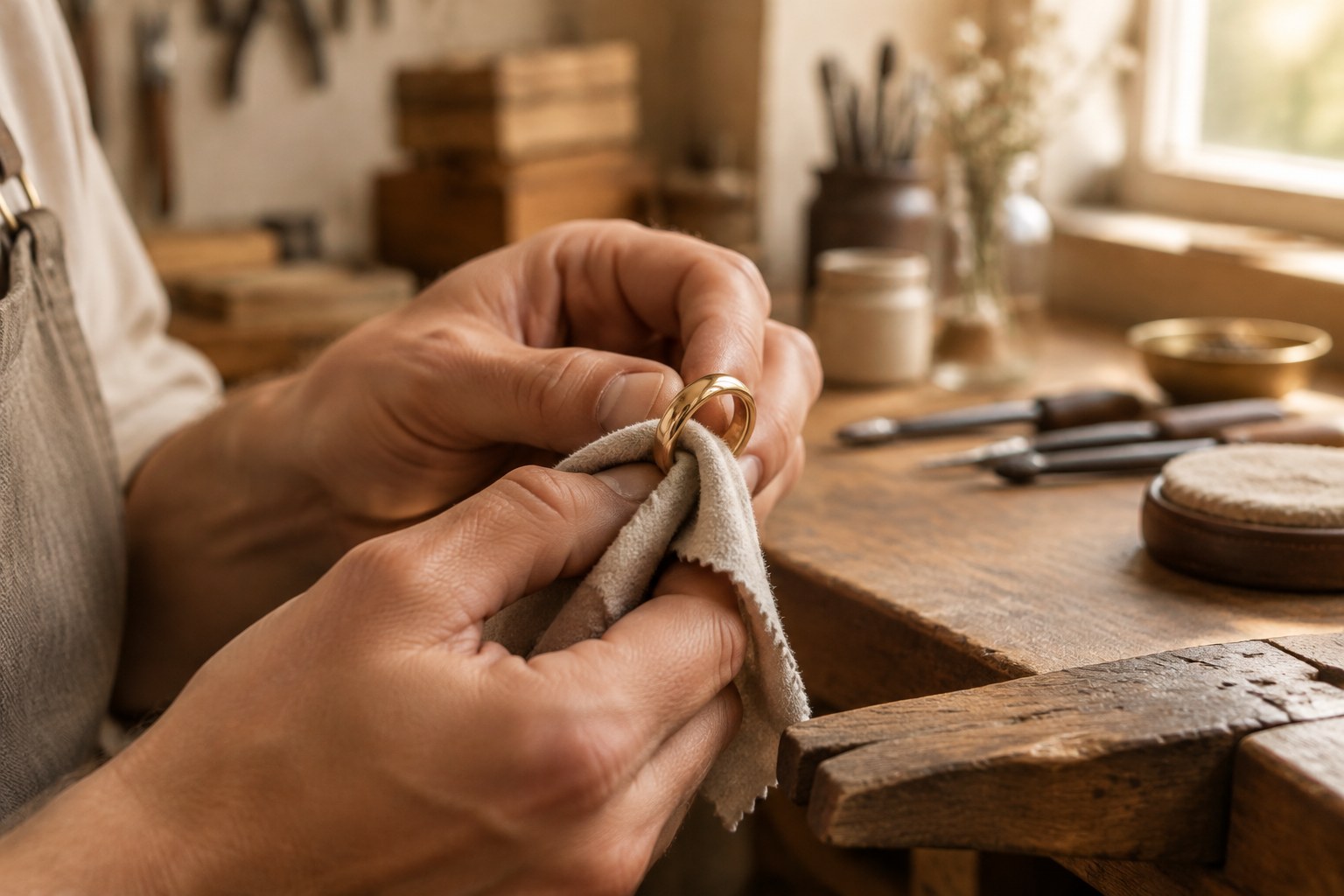 Illustration: a craftsperson's hands polishing a gold ring at a workbench