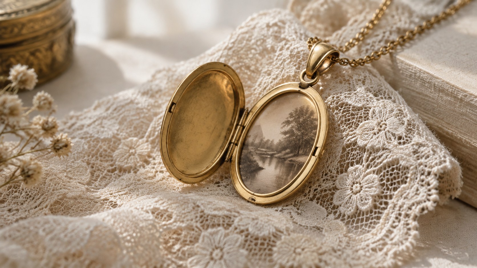 An open locket revealing a tiny sepia photograph on vintage lace