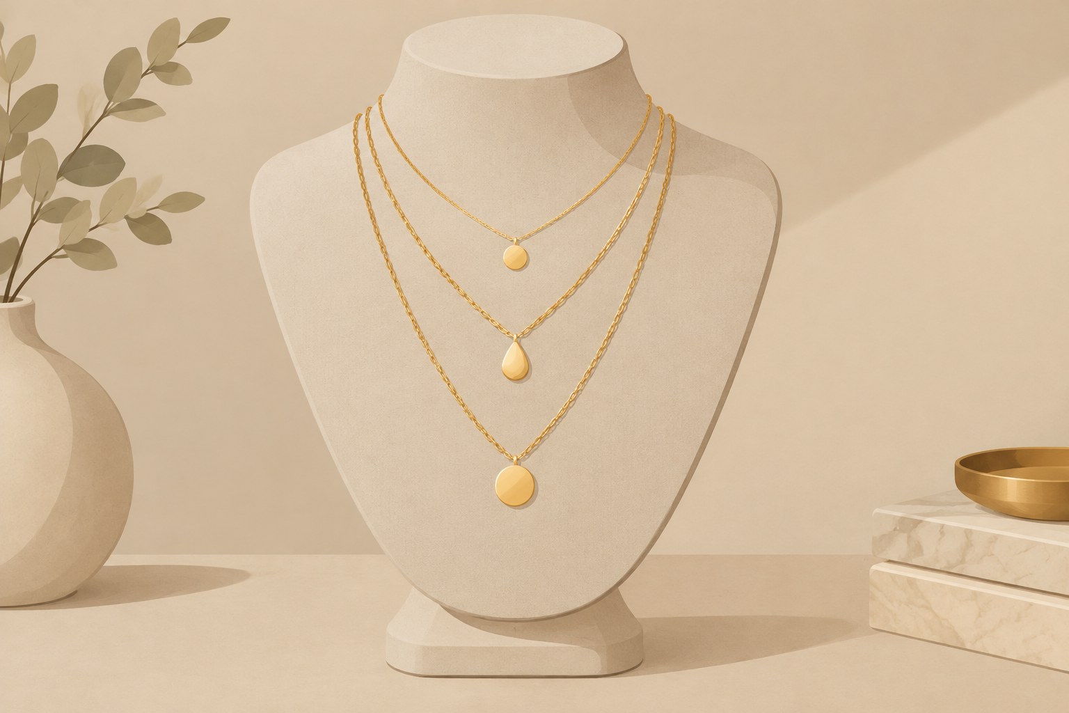 Illustration: three layered gold necklaces on a bust