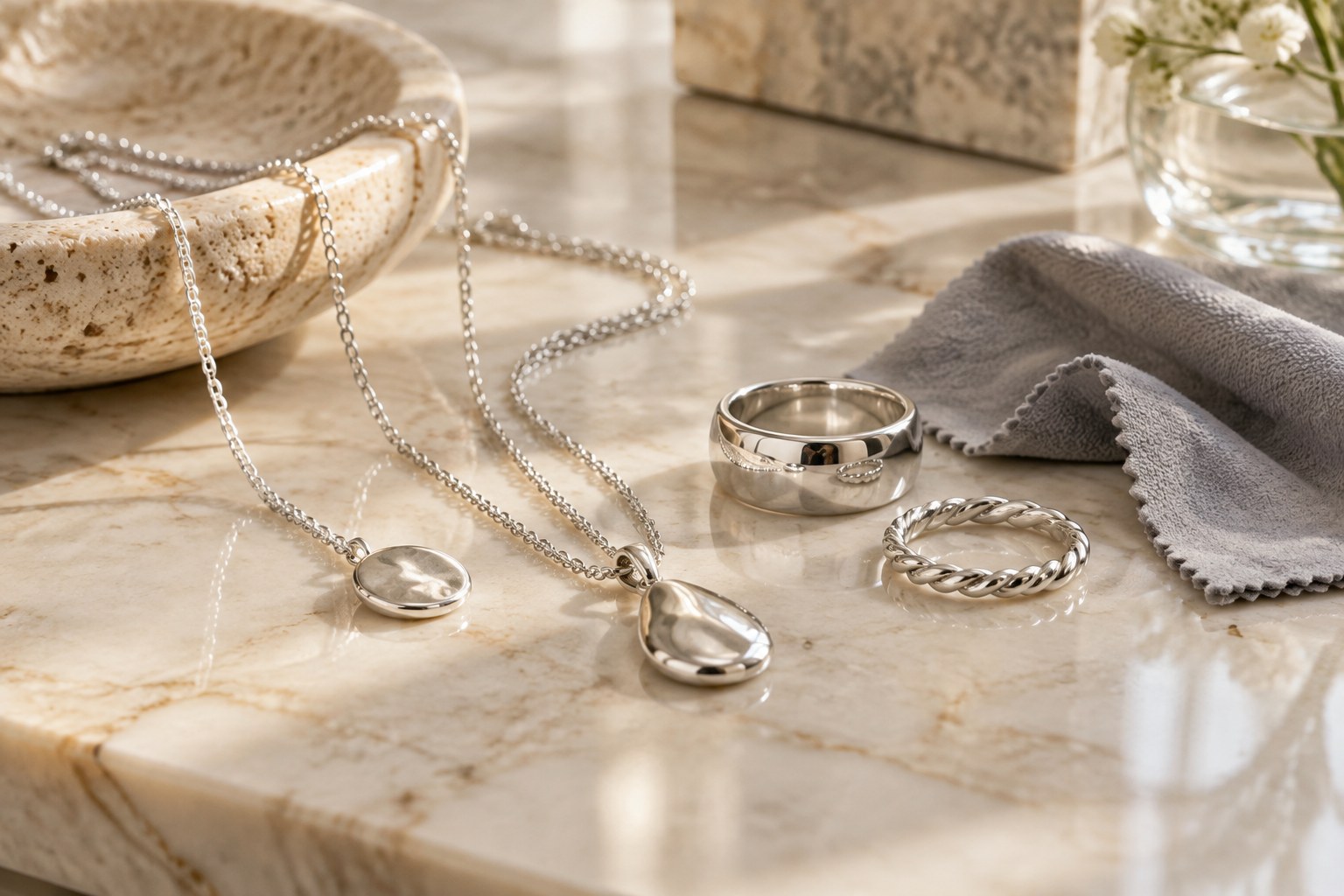 Sterling silver necklaces and rings with a soft polishing cloth on marble