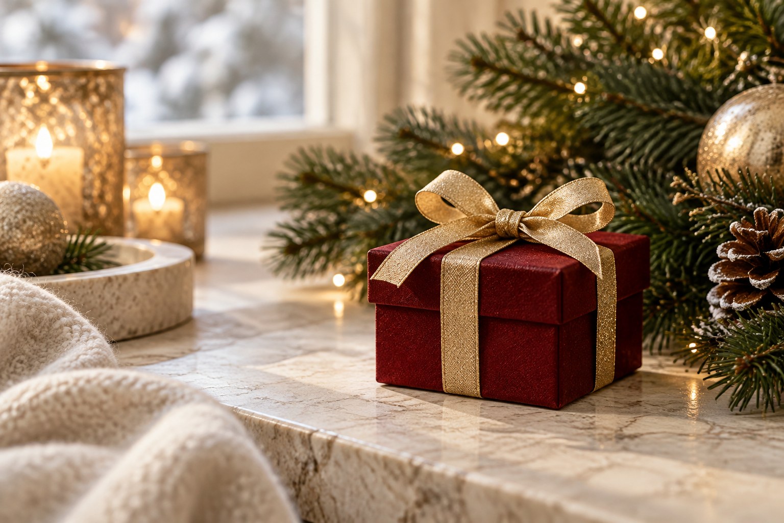 A red jewellery gift box with gold ribbon beside pine branches