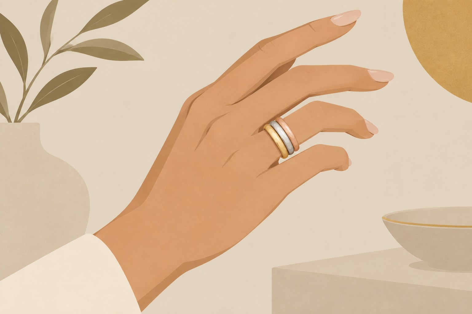 Illustration: stacked rings in three gold colours on a hand