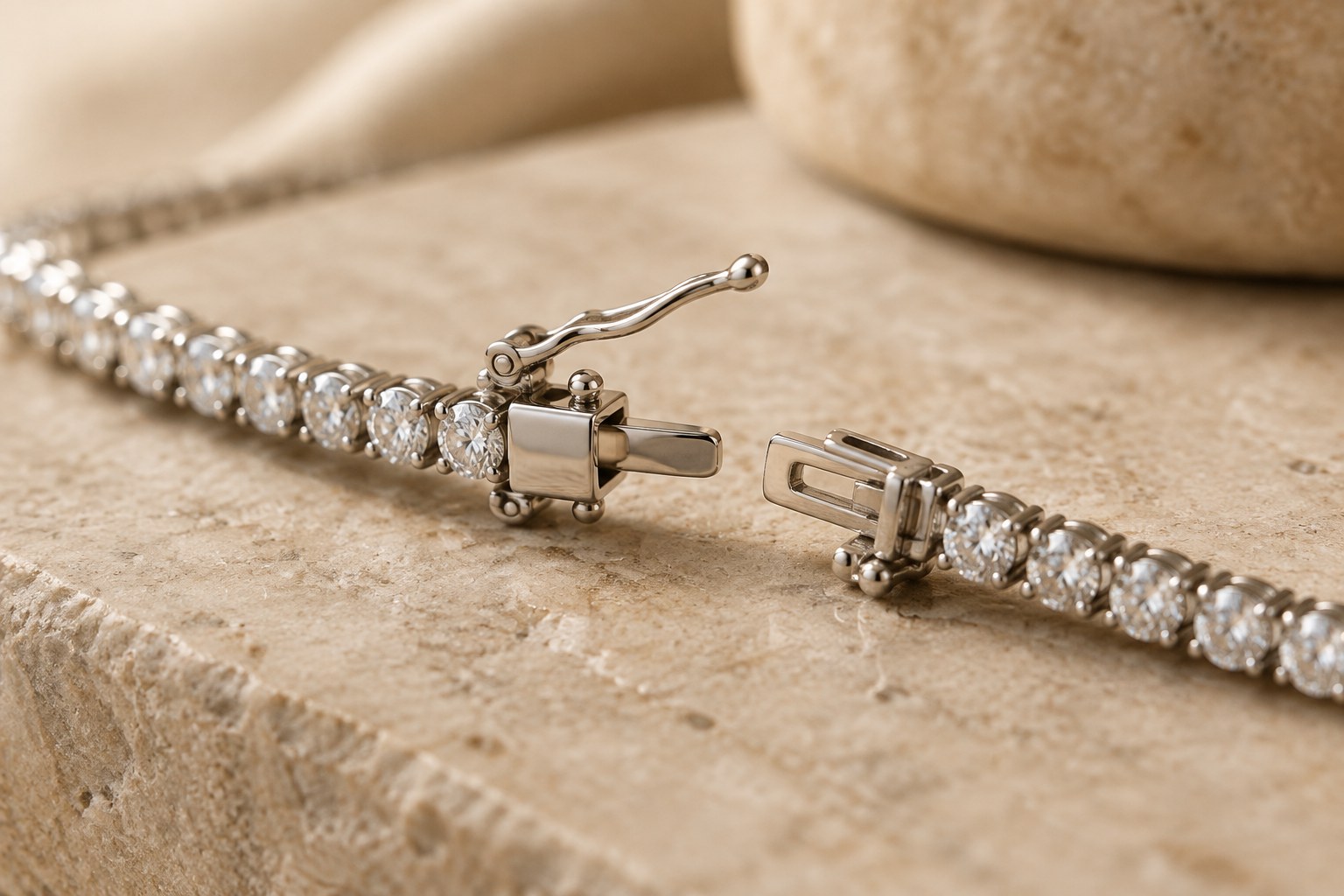 Illustration: detail of a tennis necklace box clasp with safety catch