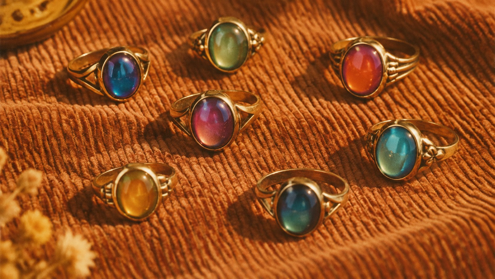 AI-generated illustration of 1970s mood rings in assorted colours on corduroy fabric