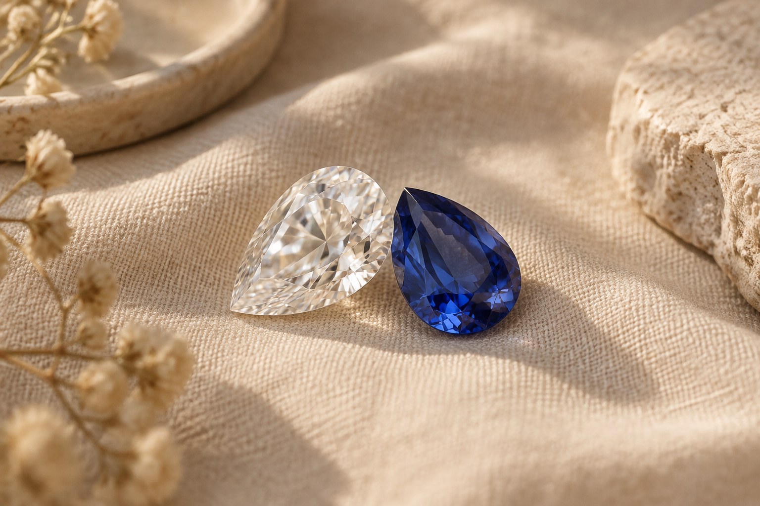 Loose pear-cut diamond and sapphire resting together on beige linen