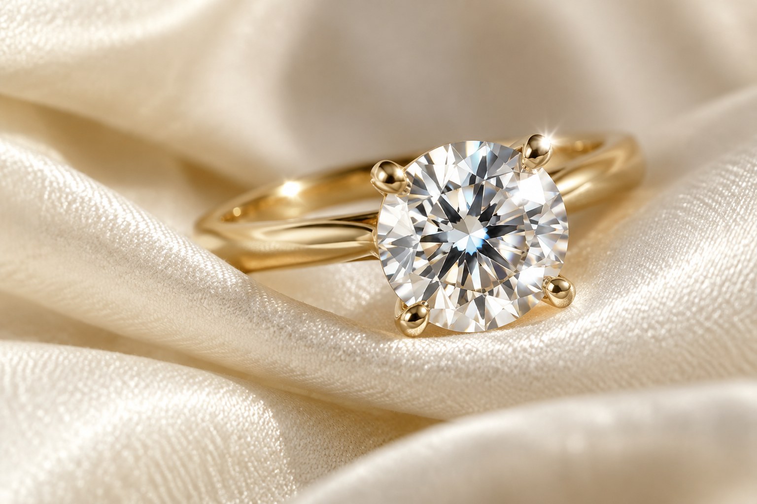 AI illustration of a sparkling round diamond solitaire ring on ivory fabric.