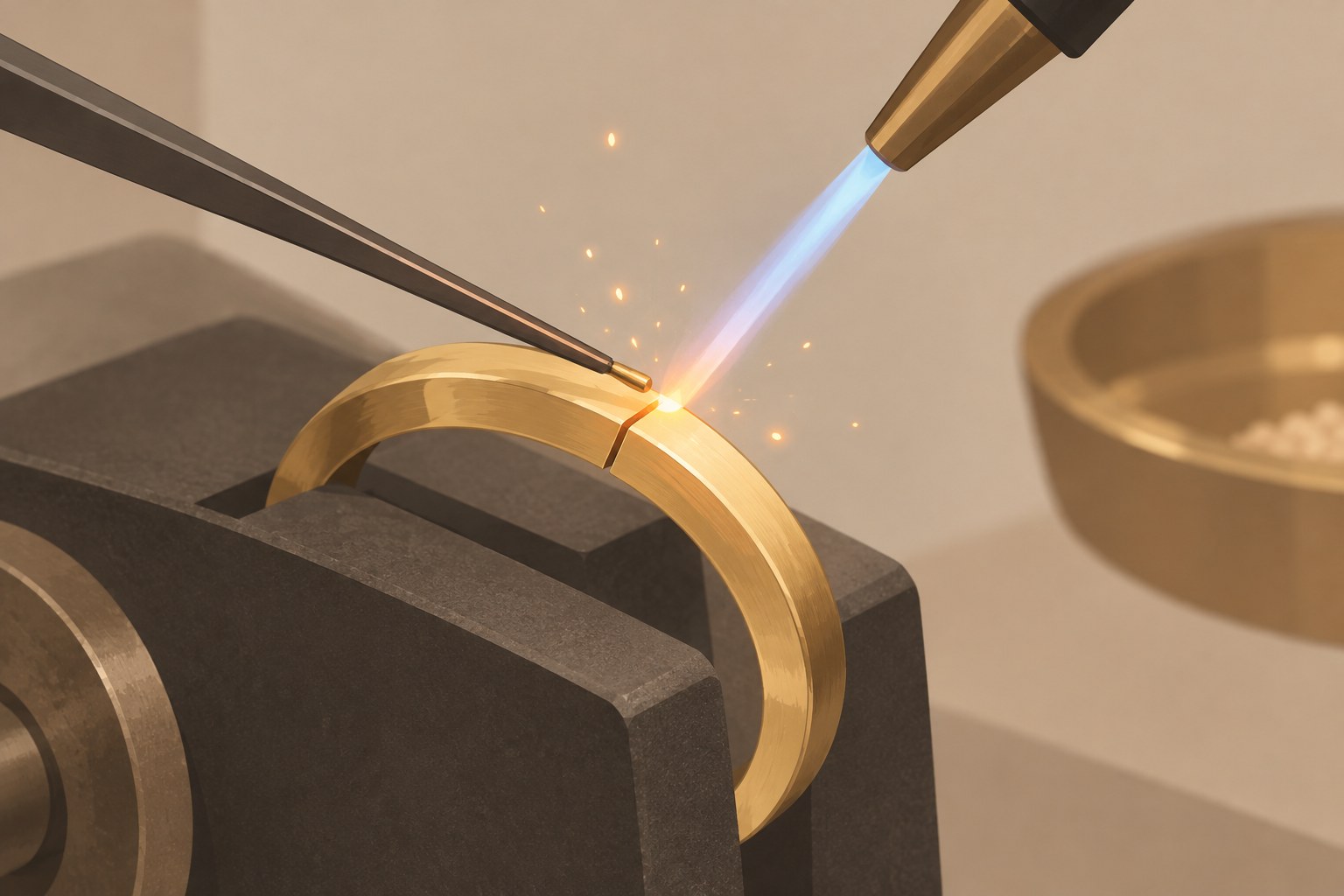 Illustration: a cut ring band being soldered with a fine flame