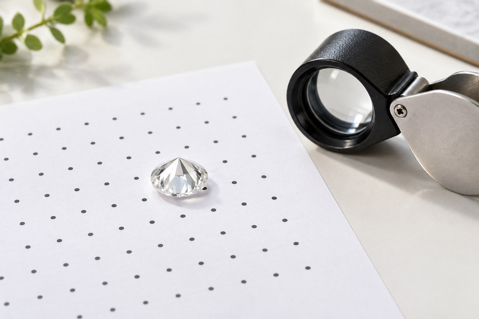 Illustration of the dot test with a loose gem and loupe (AI illustration, not a Shewah product)
