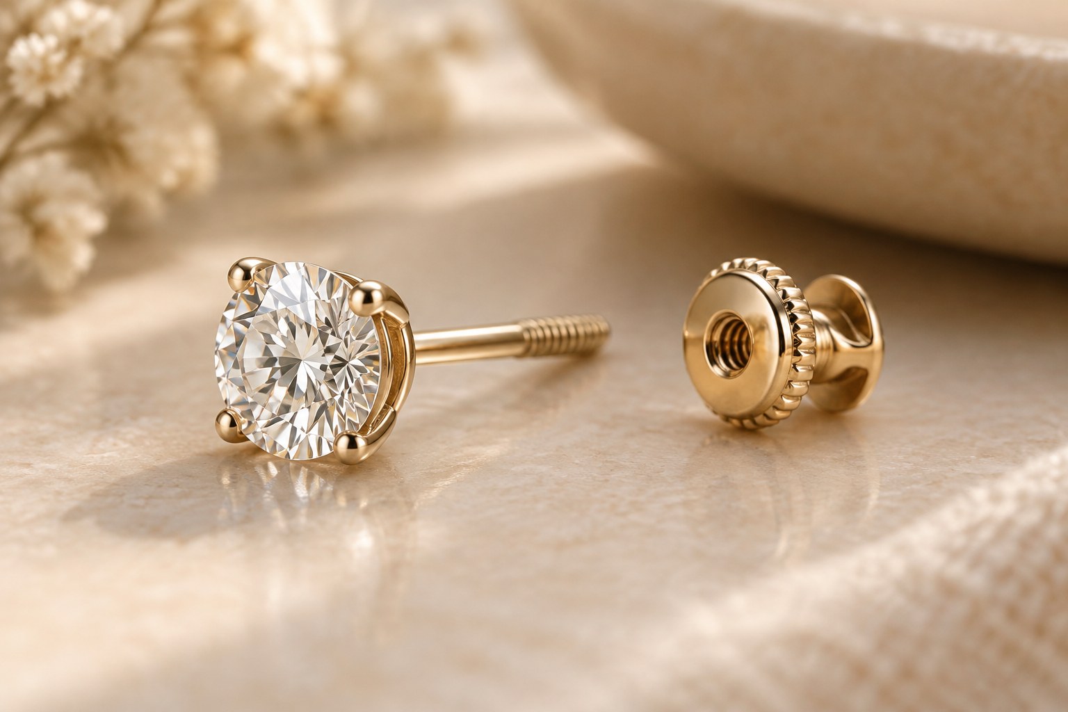 Illustration: macro of a diamond stud earring with a screw-back post